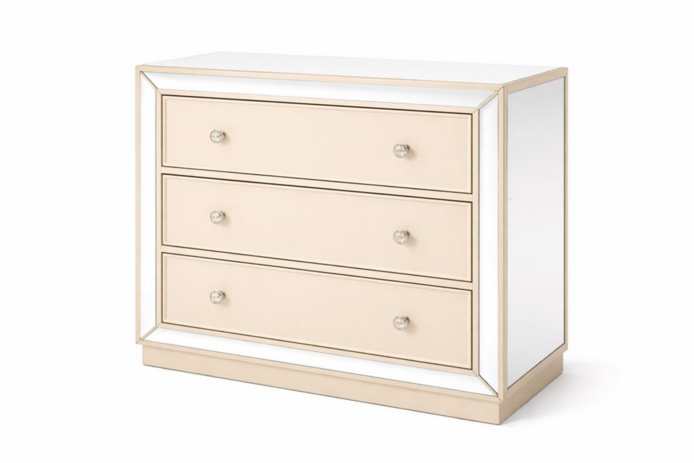 Cassettiera a tre cassetti in MDF beige con pannelli a specchio