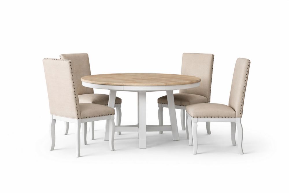 Set Tavolo Rotondo in Legno massello con 4 Sedie in Tessuto Beige