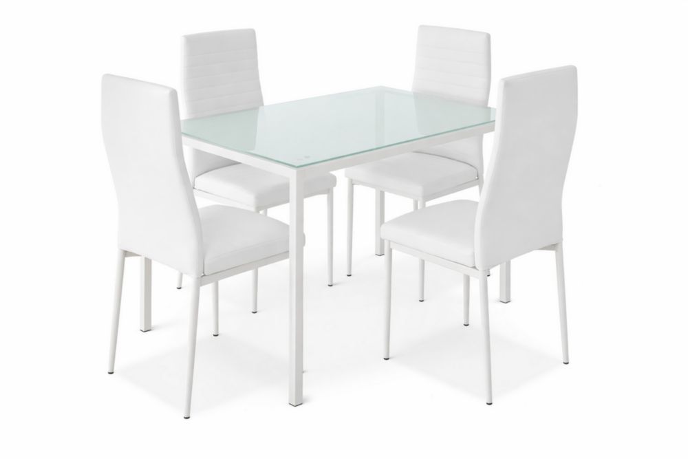 Tavolo da pranzo in vetro temperato e sedie imbottite bianche