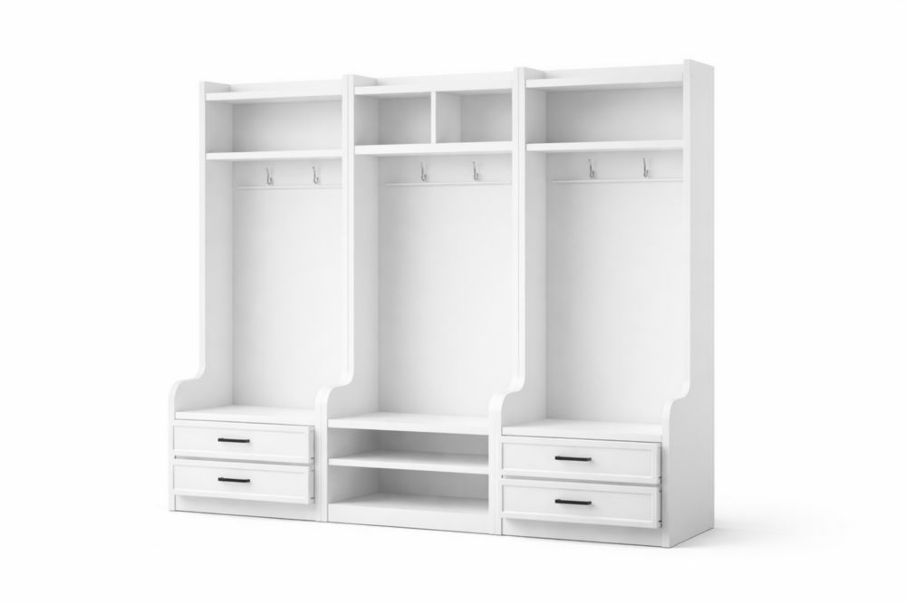 Guardaroba ingresso a 3 scomparti con cassetti e mensole in Legno massello bianco 200x240x60 cm