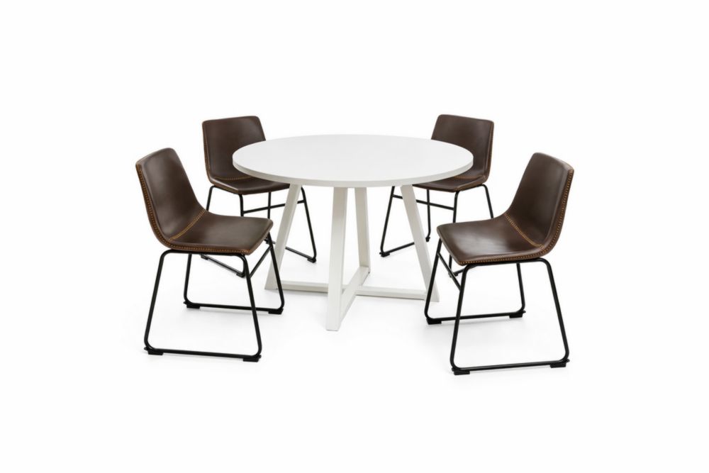 Set di Tavolo Rotondo Bianco con 4 Sedie in Ecopelle Marrone