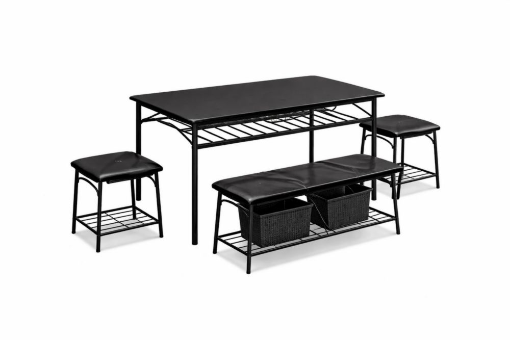 Set tavolo e sedute rettangolare in acciaio e ecopelle nera con panca e sgabelli