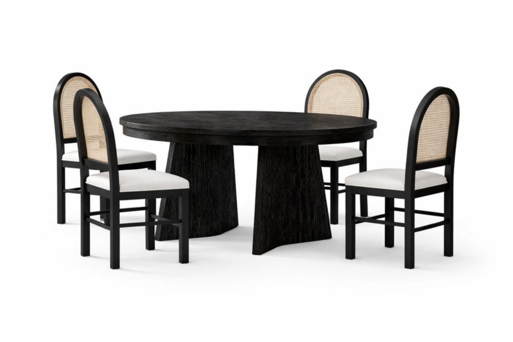 Set da pranzo in Legno massello scuro con 4 sedie imbottite e schienale in rattan