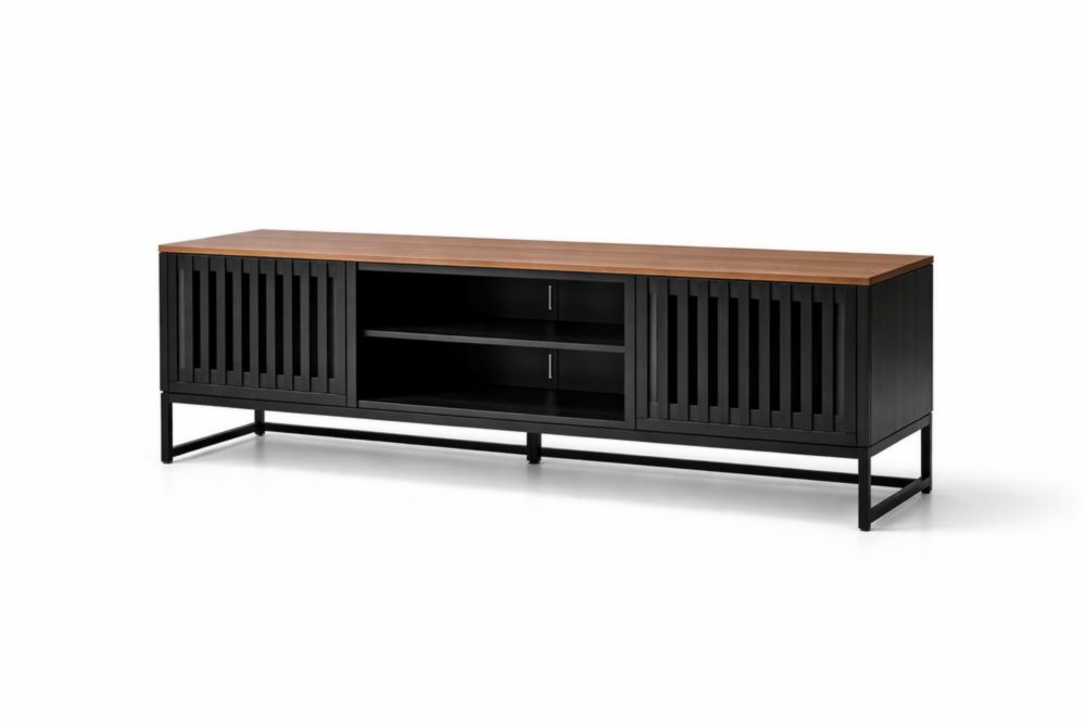 Mobile TV in legno MDF e Acciaio inossidabile nero con ripiani e ante