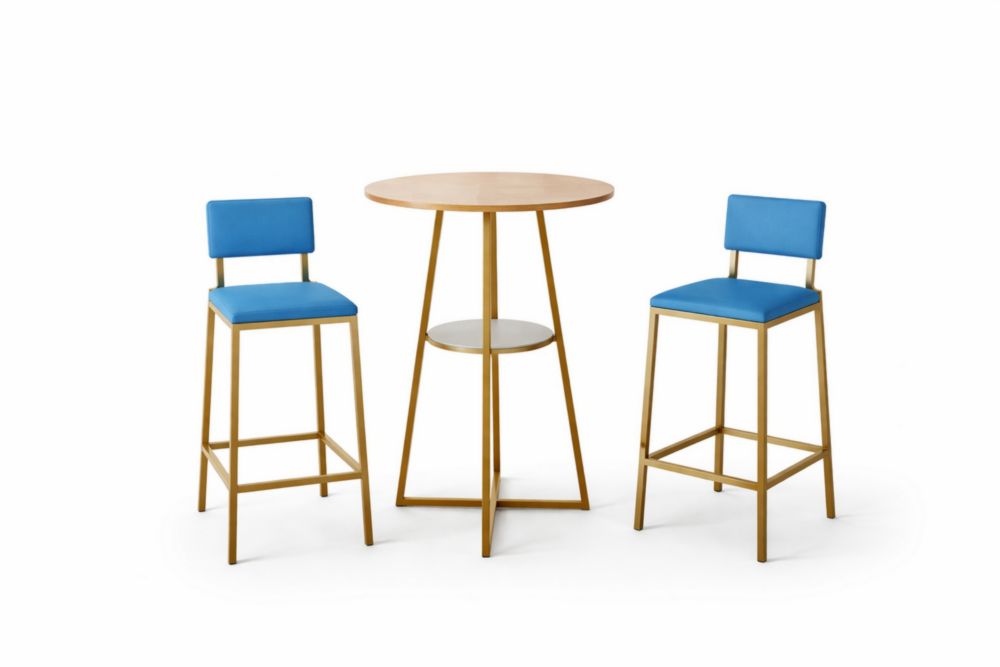 Set tavolo rotondo in Legno massello e Acciaio inossidabile dorato con due sgabelli blu