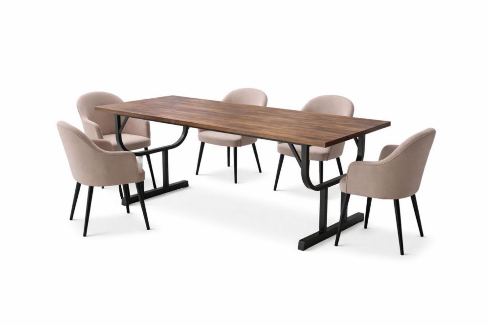 Set tavolo da pranzo in Legno massellocon sedie in tessuto 200x90x75 cm Marrone/Beige