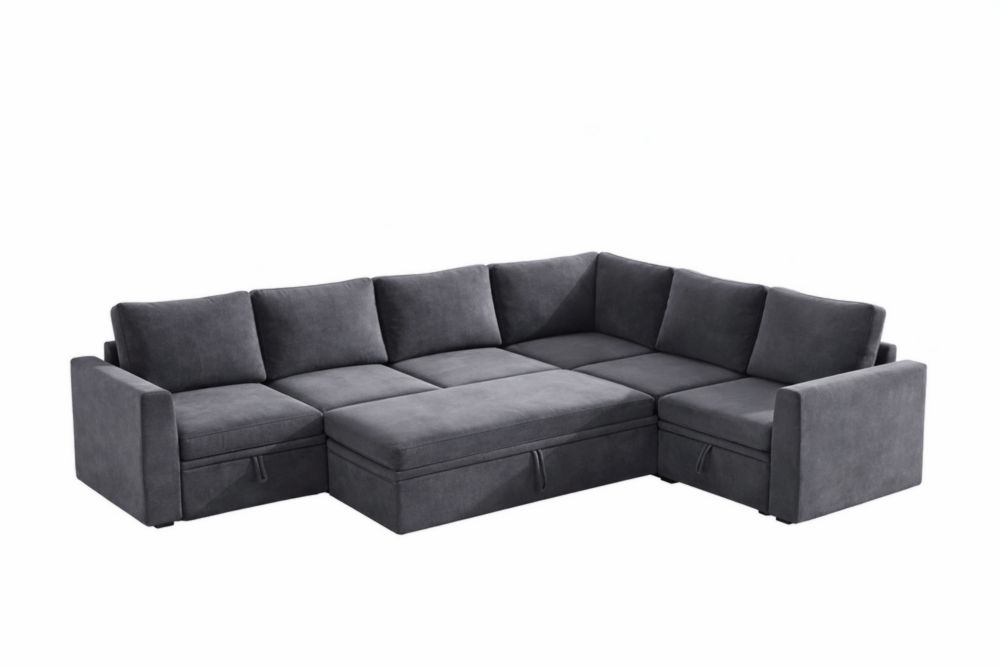 Divano modulare angolare in tessuto tecnico grigio con contenitore