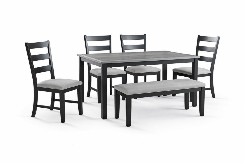 Set da pranzo in Legno massello 6 pezzi con sedie e panca Nero/Grigio