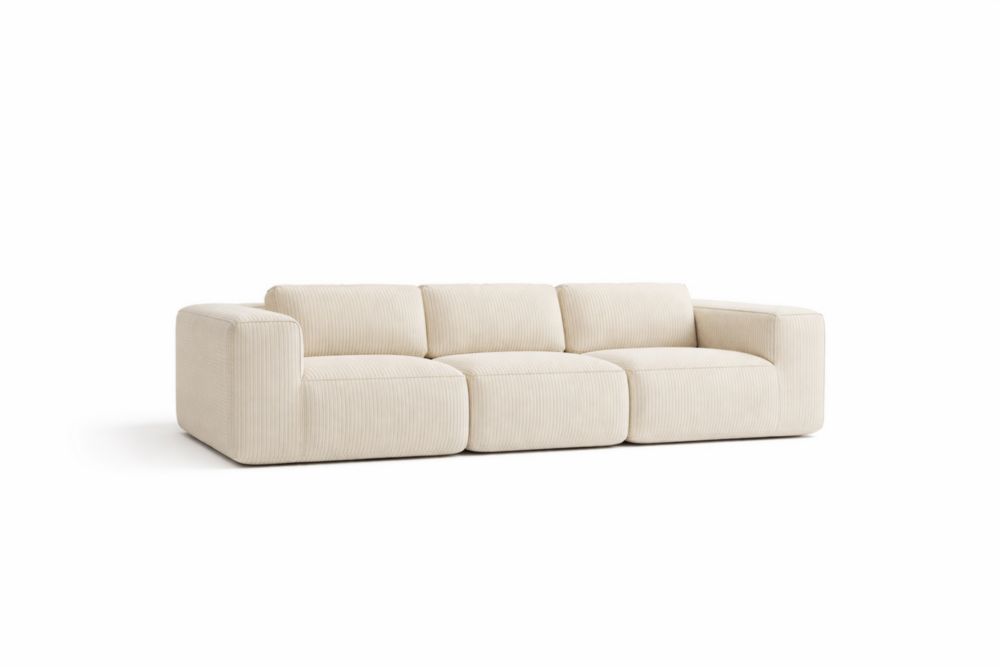 Divano a tre posti in tessuto a coste beige con struttura in Legno massello