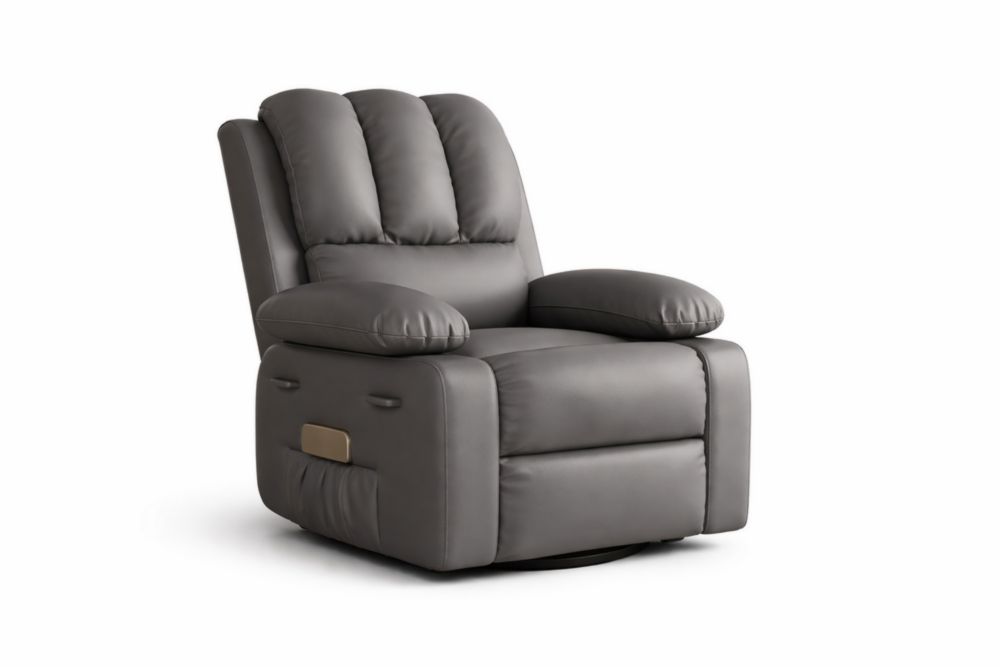 Poltrona reclinabile in pelle sintetica grigia con schienale e braccioli imbottiti
