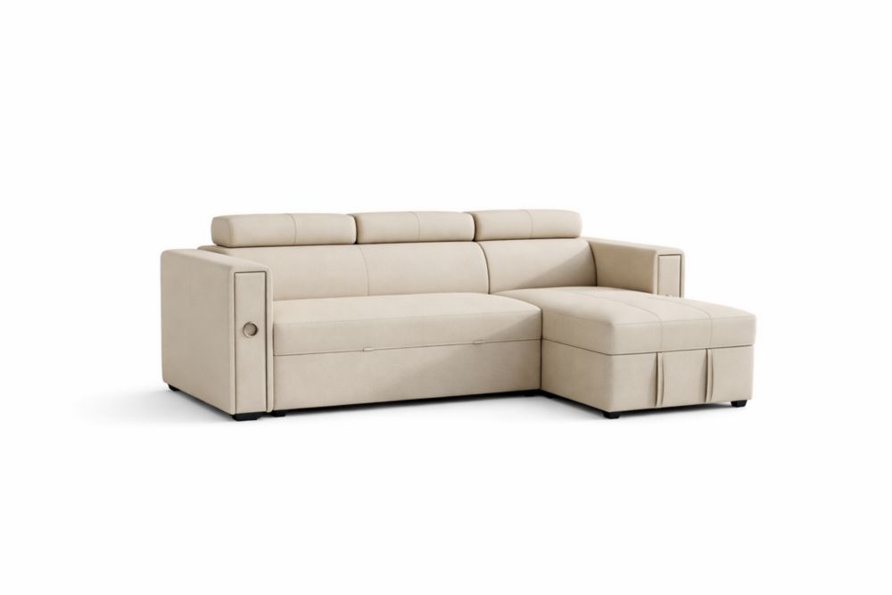 Divano letto angolare in Fibra di poliestere beige con poggiatesta regolabile