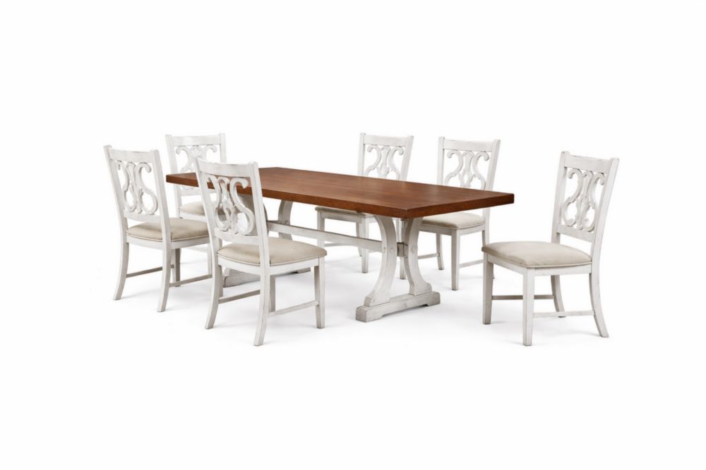 Set tavolo da pranzo in Legno massello con 6 sedie imbottite, tavolo noce, sedie bianche