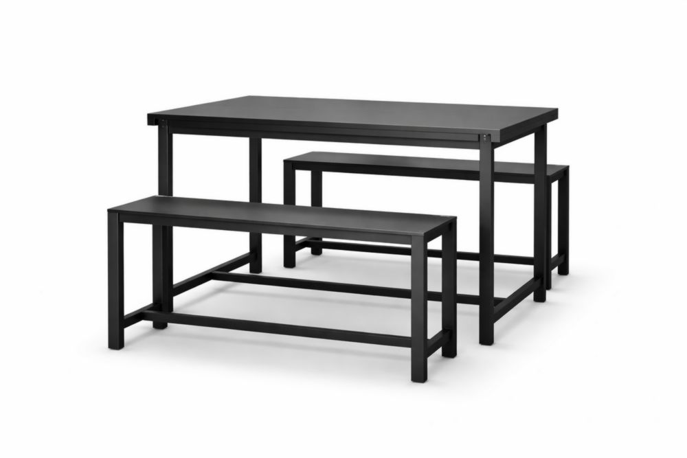 Set tavolo e 2 panche rettangolari in Acciaio inossidabile e MDF Nero 120x60x75 cm