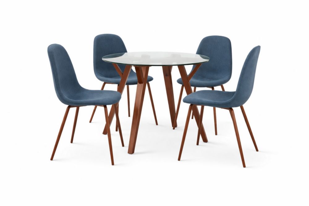 Set tavolo rotondo in vetro e 4 sedie in Fibra di poliestere blu con gambe in Legno massello