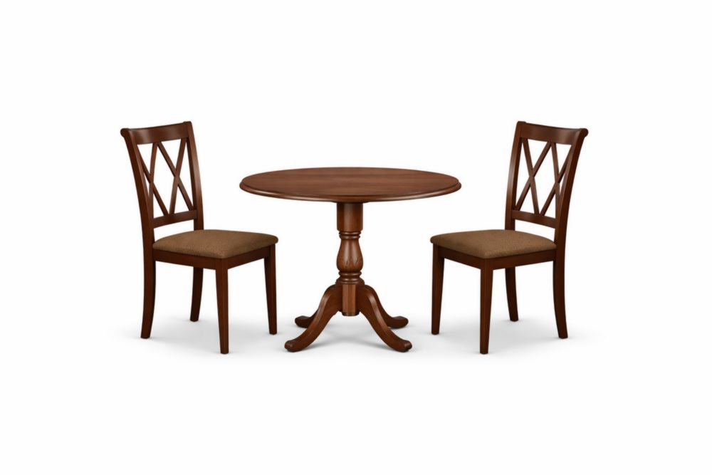 Set tavolo rotondo e 2 sedie in Legno massello marrone con seduta imbottita