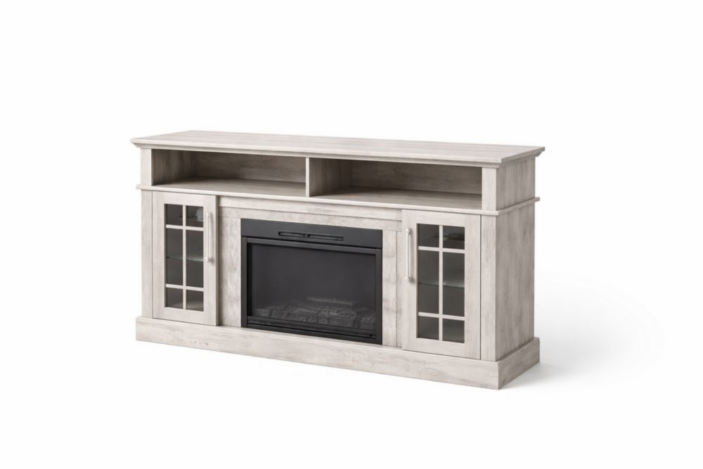 Mobile Porta TV in Legno Ingegnerizzato con Camino Elettrico Bianco