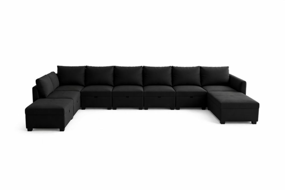 Divano modulare angolare in tessuto poliestere nero con vano contenitore