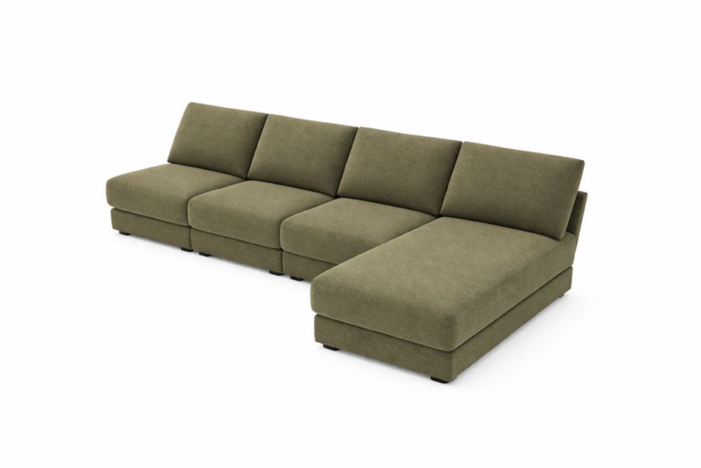 Divano sezionale modulare in tessuto verde con chaise longue