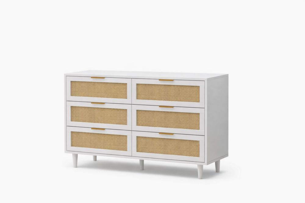 Comò rettangolare 6 cassetti in Legno massello Bianco/Naturale 120x40x75 cm