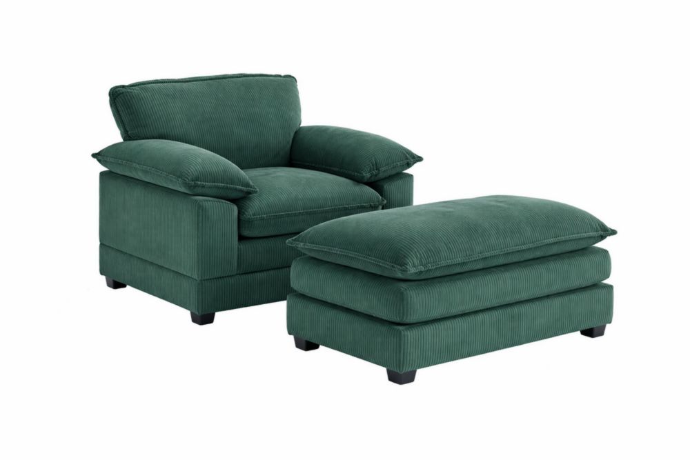 Poltrona con Poggiapiedi in Velluto a Coste Verde Scuro