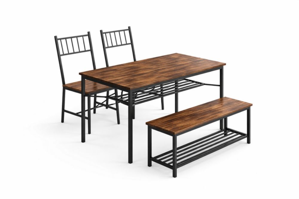 Set tavolo rettangolare 120x75x75 cm in Acciaio inossidabile e Legno massello con 2 sedie e panca marrone nero