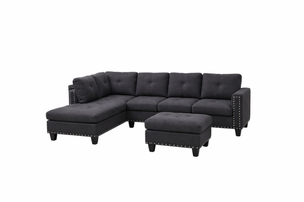 Divano ad Angolo Grigio Scuro in Tessuto con Poggiapiedi