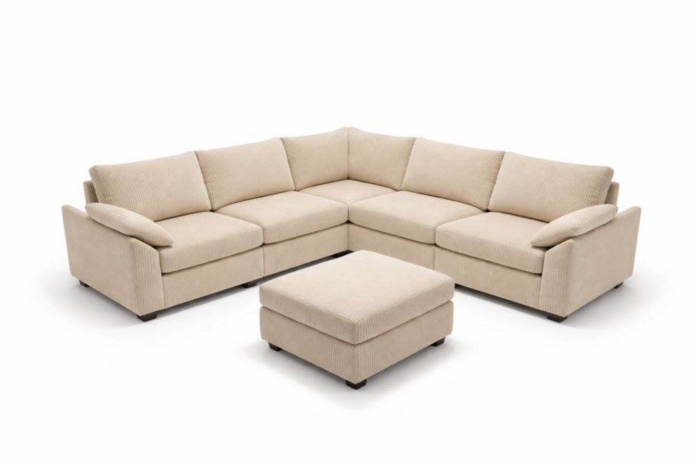 Divano ad Angolo in Tessuto a Coste Beige con Pouf