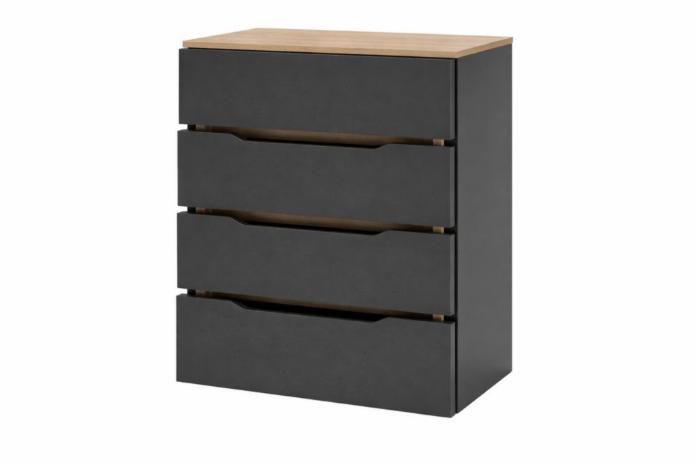 Cassettiera in MDF Nero con Quattro Cassetti e Top in Rovere