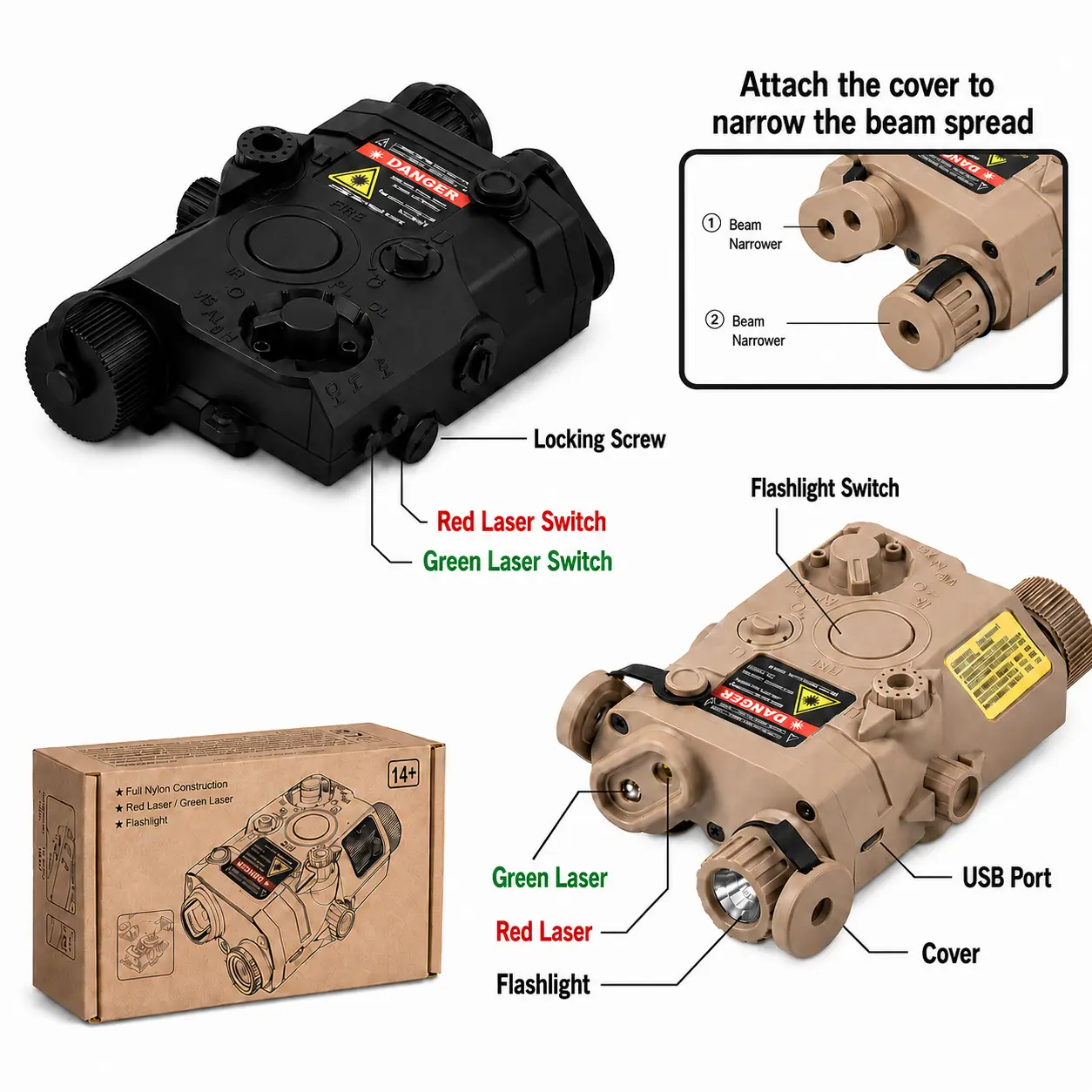 Red Laser+Green Laser+Flashlight Multifunctional Tactical Beam Battery Case