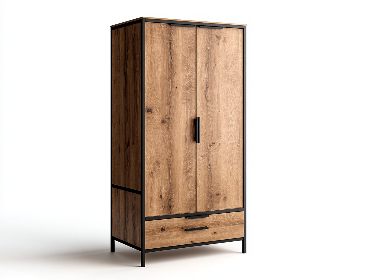 Armoire 2 portes en bois avec tiroir 95x55x185 cm - bois naturel et noir - style industriel-Casagethome