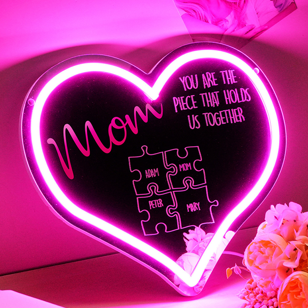 Personalized Mom Puzzle Piece Neon Mirror Light – Custom LED Sign “You Are The Piece That Holds Us Together”, Mother’s Day Gift Decor