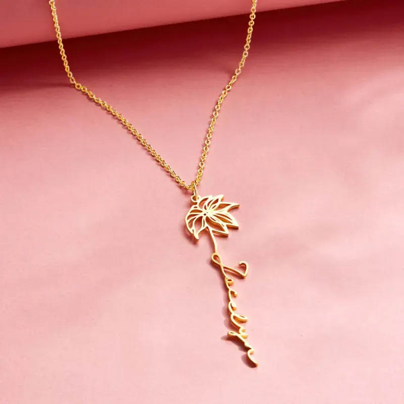 Personalized Birth Flower Name Necklace – Custom Floral Pendant Jewelry for Women, Dainty Birthday Gift for Mom, Wife or Daughter