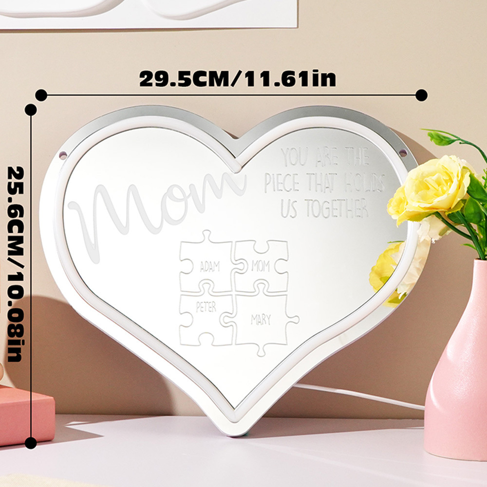 Personalized Mom Puzzle Piece Neon Mirror Light – Custom LED Sign “You Are The Piece That Holds Us Together”, Mother’s Day Gift Decor