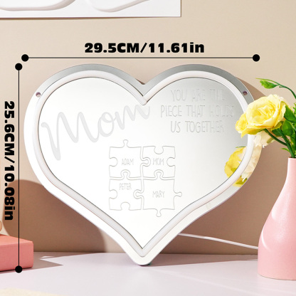 Personalized Mom Puzzle Piece Neon Mirror Light – Custom LED Sign “You Are The Piece That Holds Us Together”, Mother’s Day Gift Decor