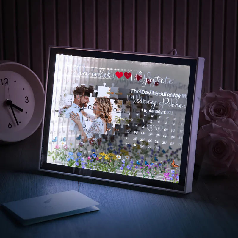 The Day I Found My Missing Piece Light Customize Photo and Calendar Custom Name Personalized Gift For Couple