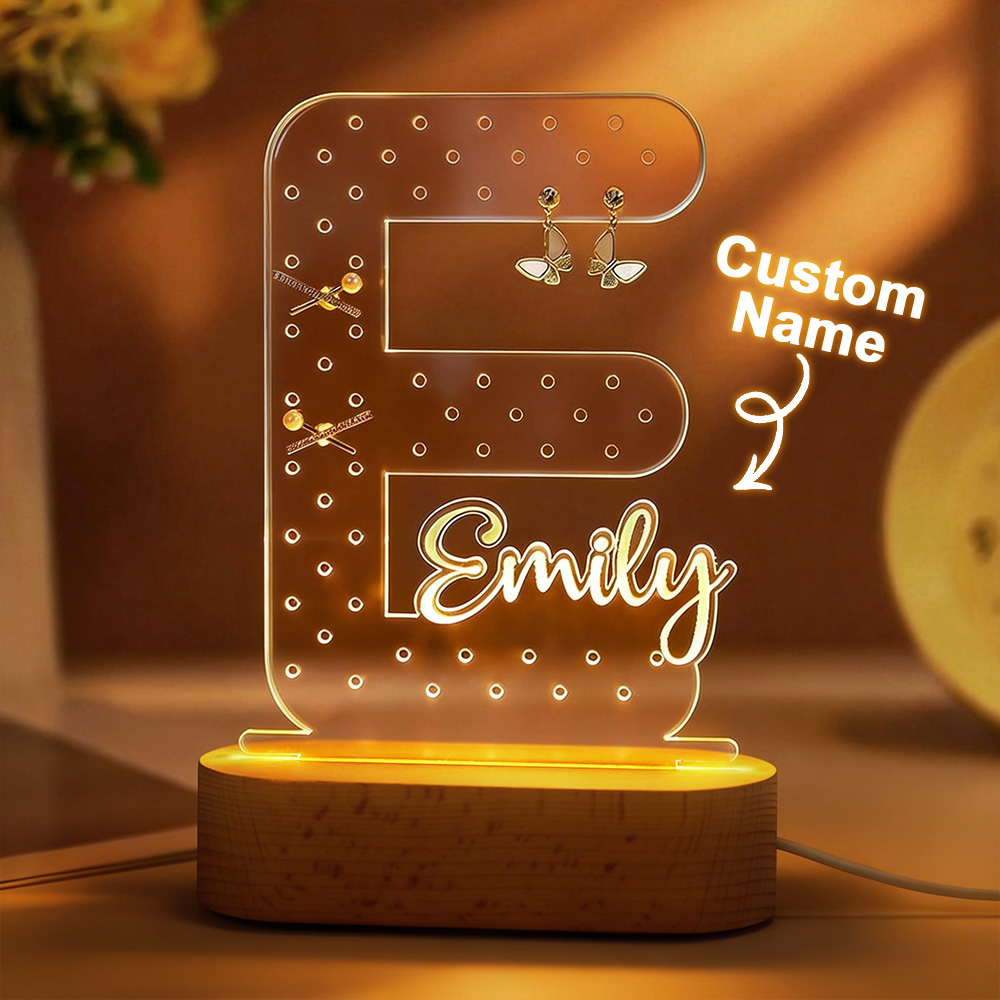 Personalized Name Earring Holder Night Light – Custom Acrylic Jewelry Organizer Display Stand, LED Lamp Gift for Mom, Birthday or Mother’s Day