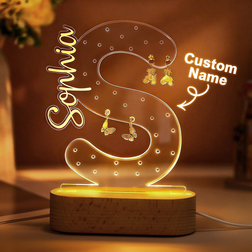 Personalized Name Earring Holder Night Light – Custom Acrylic Jewelry Organizer Display Stand, LED Lamp Gift for Mom, Birthday or Mother’s Day