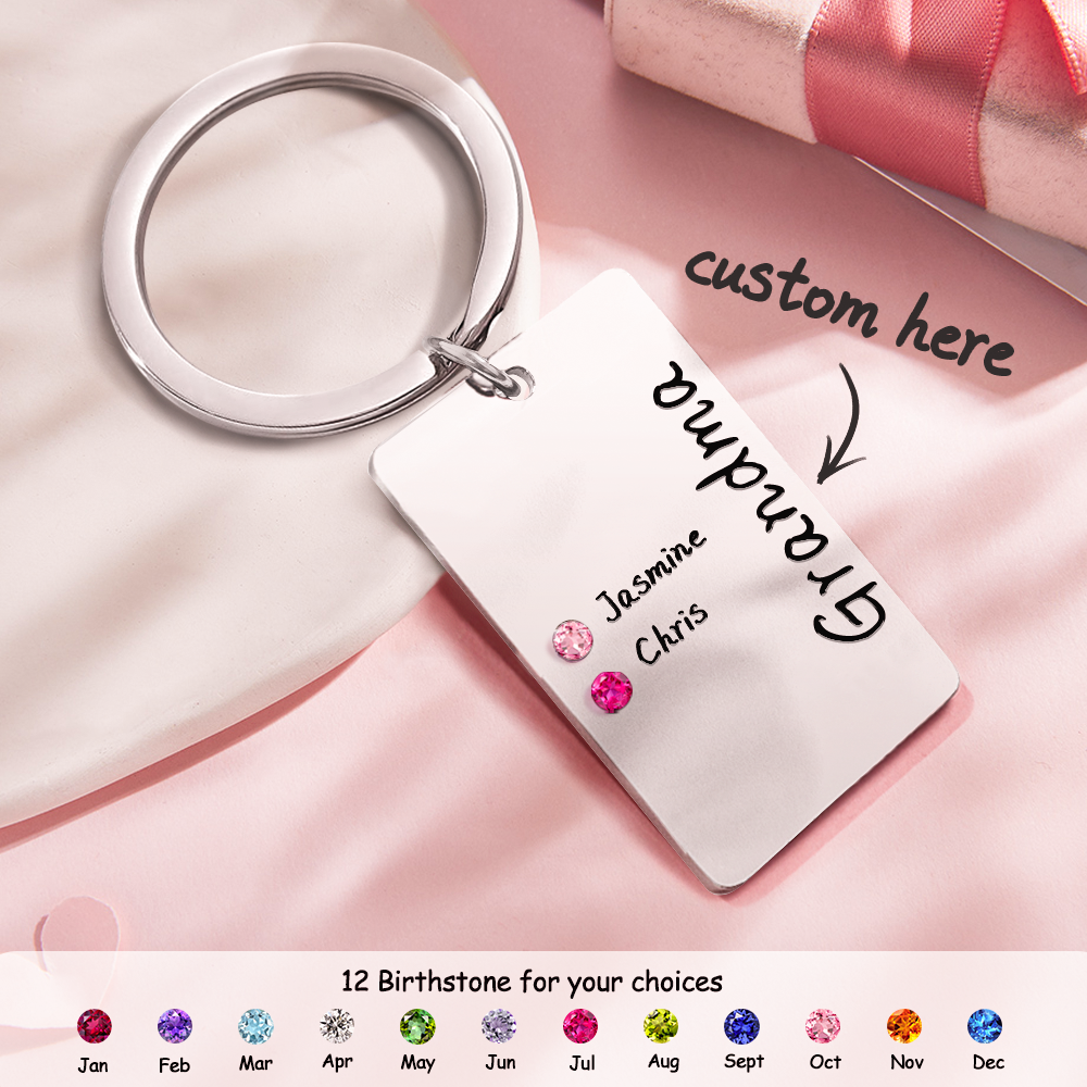 Personalized Birthstone Keychain for Mom or Grandma – Custom Family Name Keyring, Meaningful Gift with Kids Birthstones