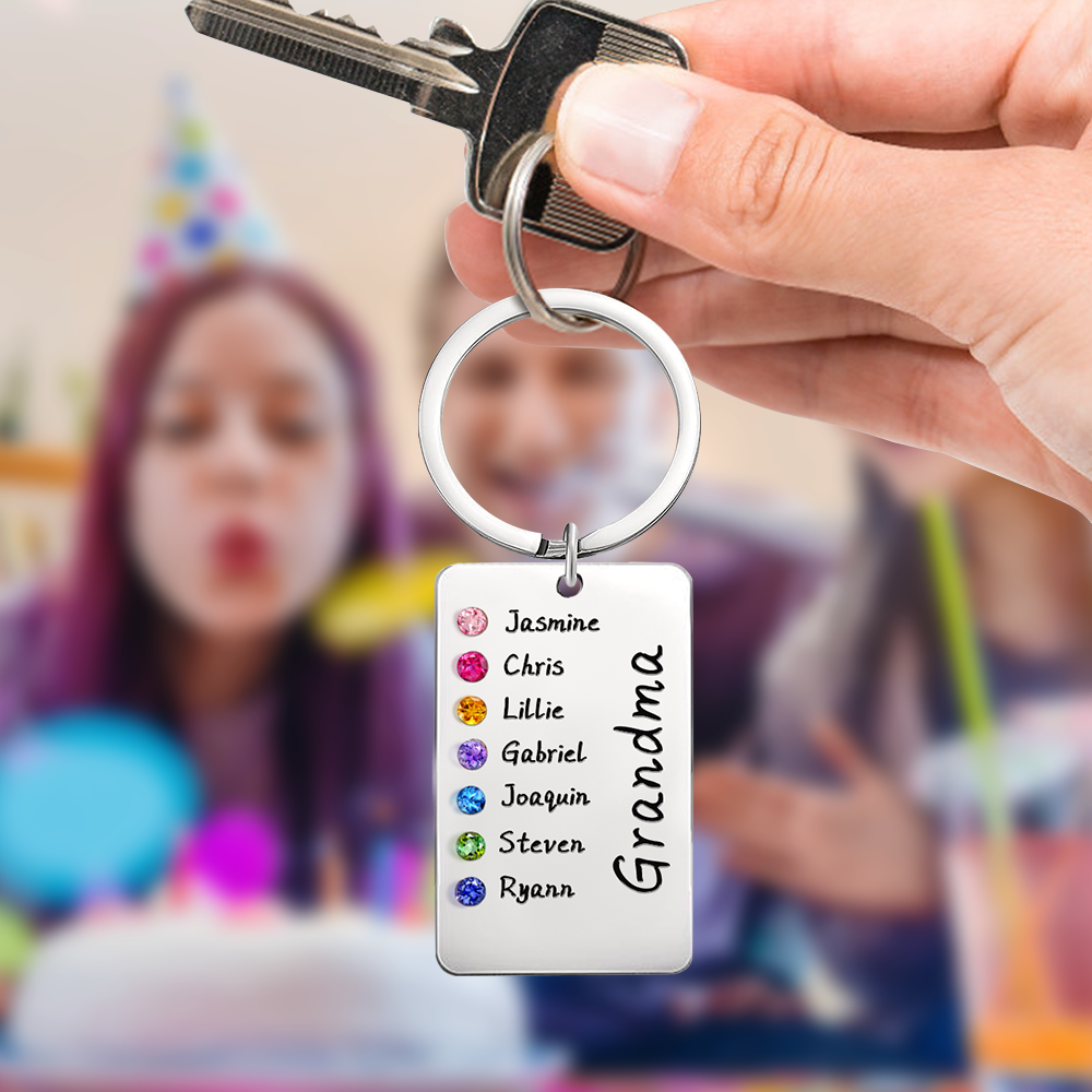 Personalized Birthstone Keychain for Mom or Grandma – Custom Family Name Keyring, Meaningful Gift with Kids Birthstones