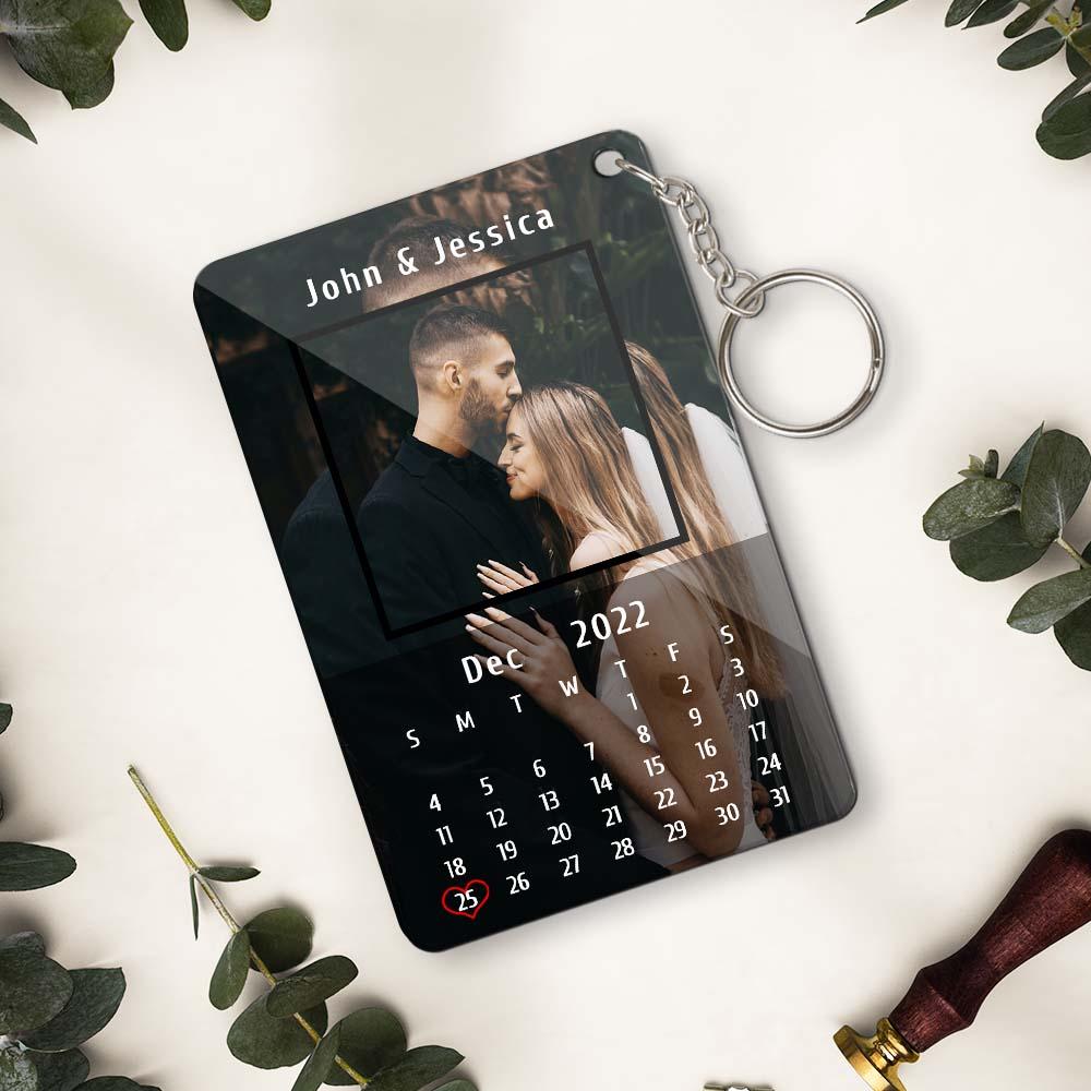Custom Calendar Photo Keychain for Couples – Personalized Date Key Ring with Picture & Text, Romantic Anniversary Gift