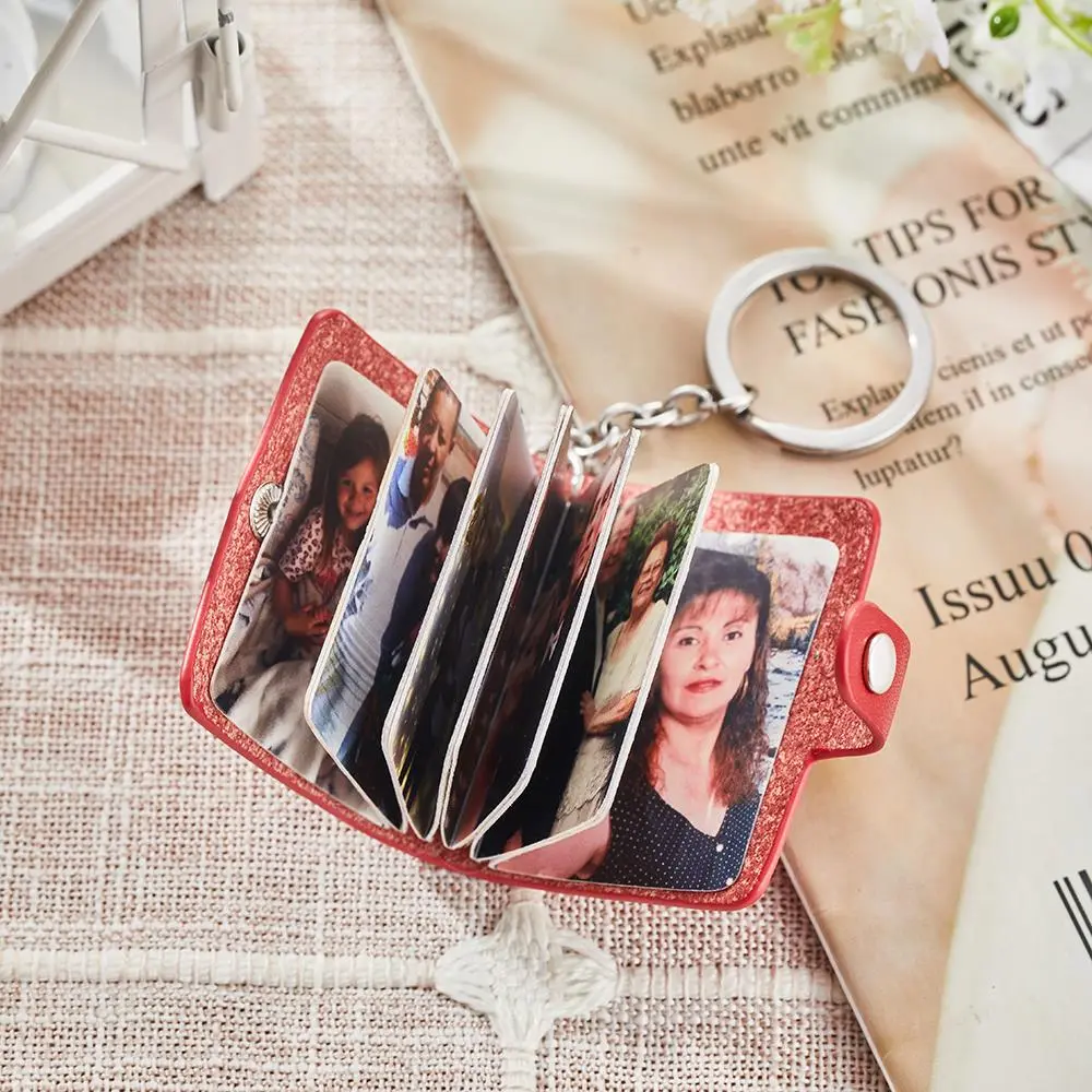 Personalized Photo Album Keychain – Custom Mini Photo Book PU Leather Keychain Gift for Mom, Romantic Memory Keepsake