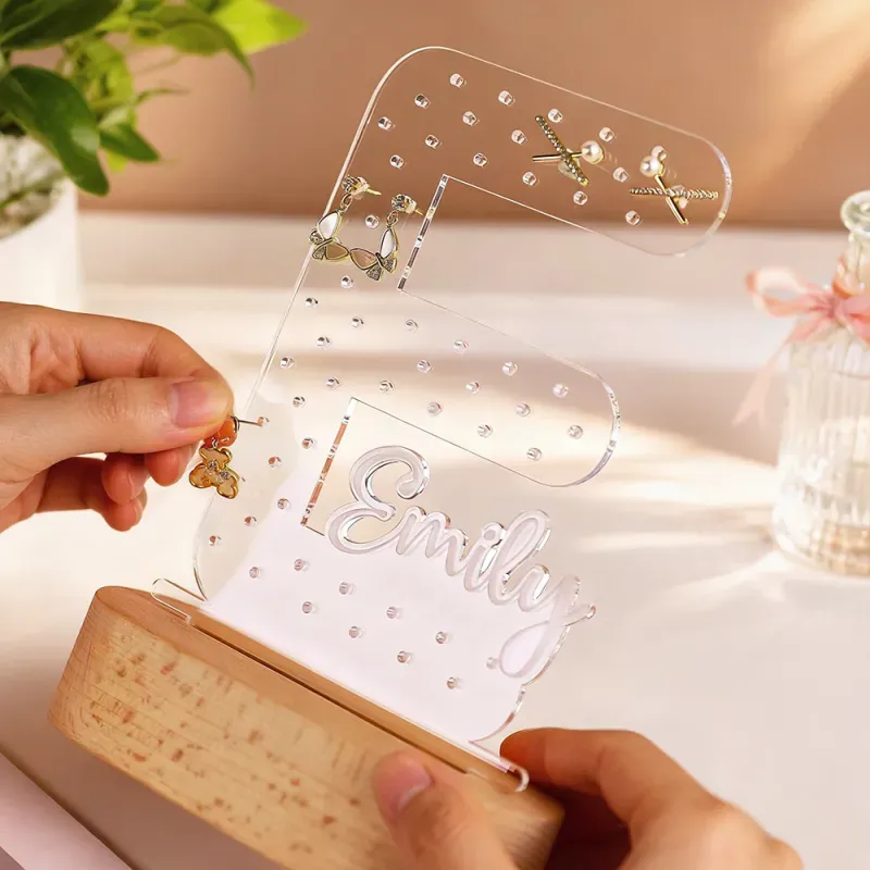 Personalized Name Earring Holder Night Light – Custom Acrylic Jewelry Organizer Display Stand, LED Lamp Gift for Mom, Birthday or Mother’s Day