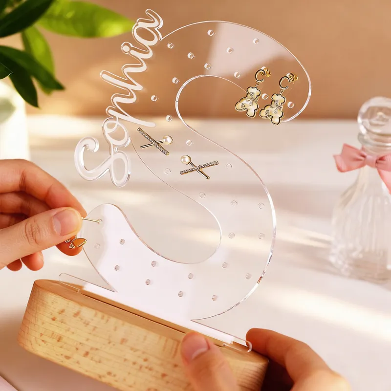 Personalized Name Earring Holder Night Light – Custom Acrylic Jewelry Organizer Display Stand, LED Lamp Gift for Mom, Birthday or Mother’s Day