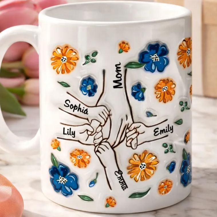 Personalized Family Mug Hold My Hand Hold My Heart Custom 3D Printed Mug Mothers Day Gift For Mom Grandma
