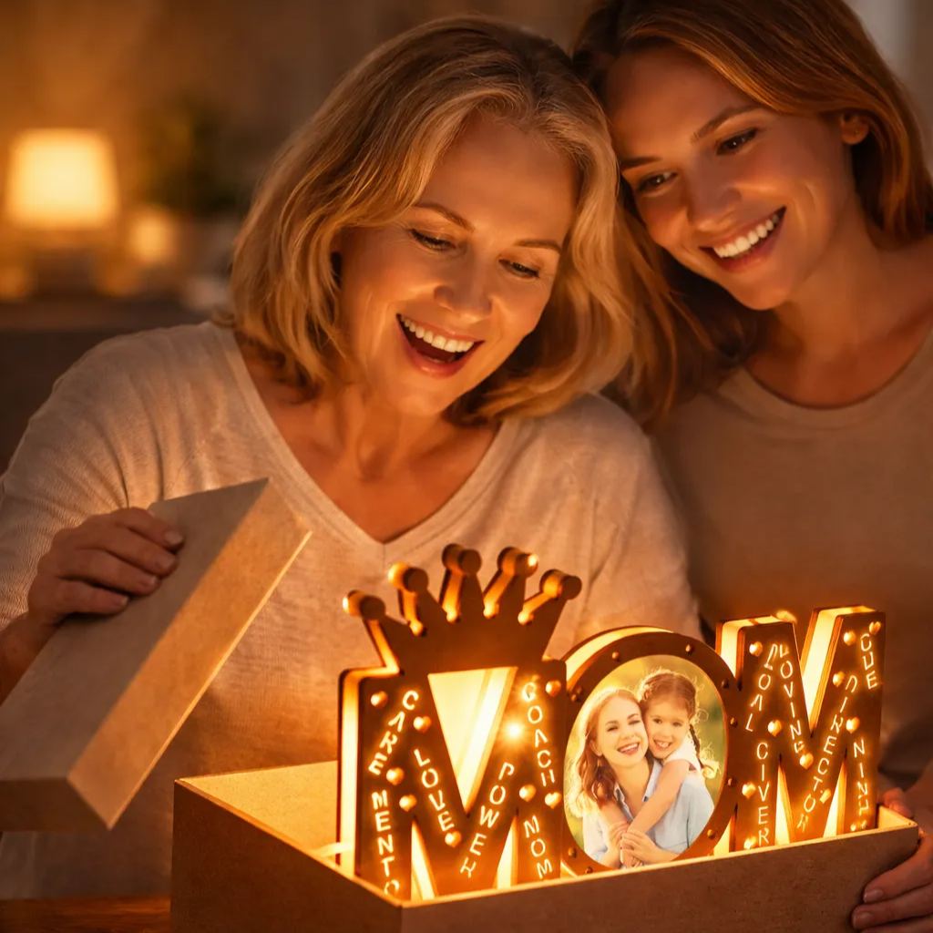 Personalized Mom Photo LED Lamp – Custom Wood Night Light with Name, Mother’s Day Gift for Mom, Emotional Family Photo Decor