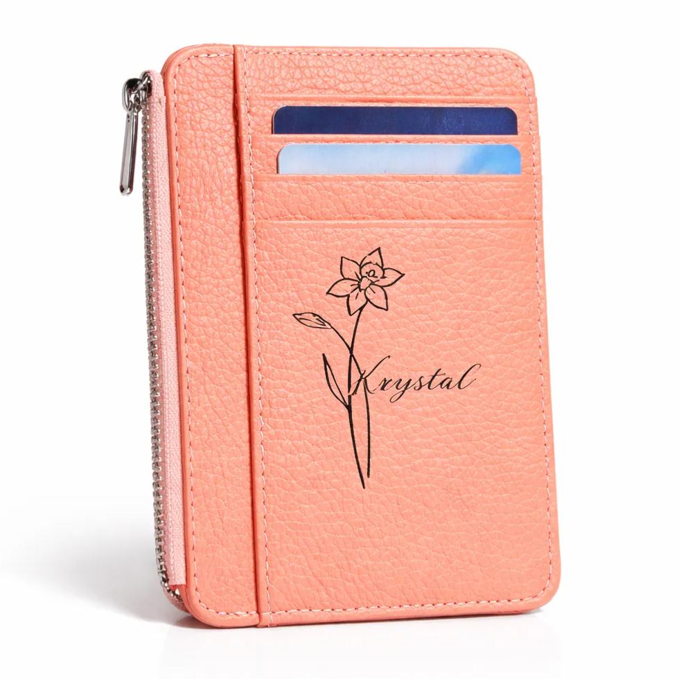 Personalized Birth Flower PU Leather Wallet with Name 8 Card Slots Wallet Birthday Gift for Her