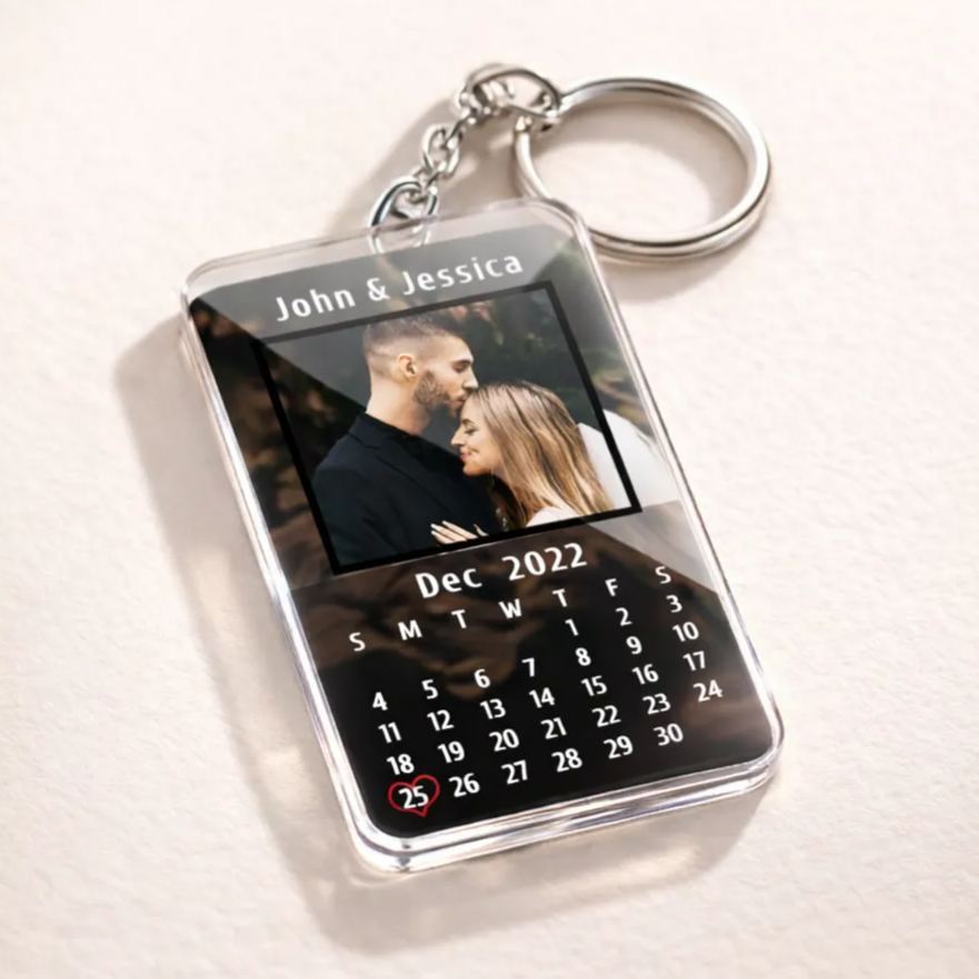 Custom Calendar Photo Keychain for Couples – Personalized Date Key Ring with Picture & Text, Romantic Anniversary Gift