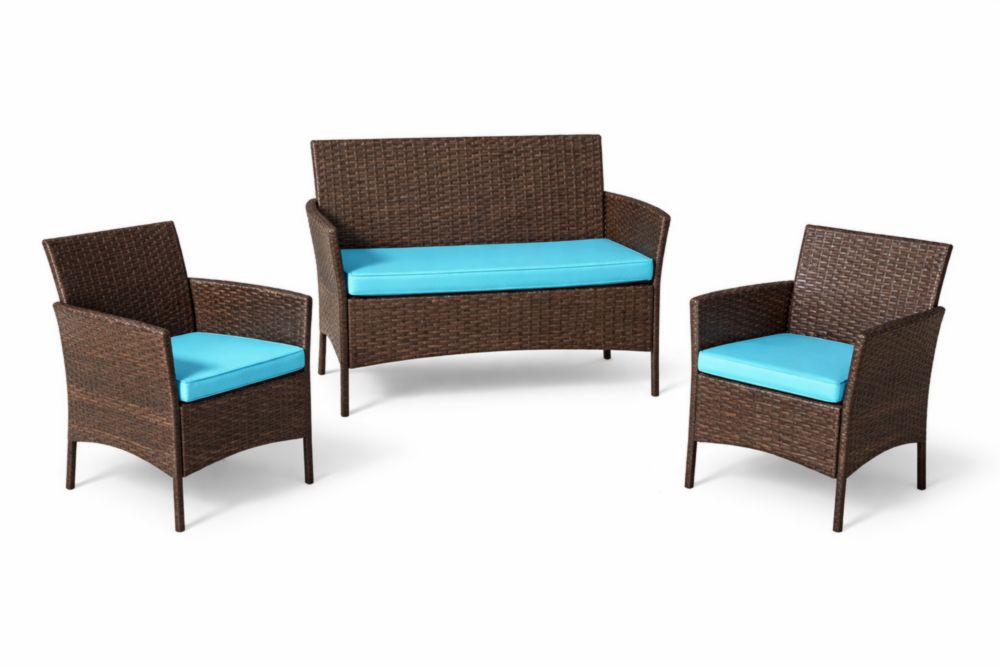 Ensemble de meubles en rotin avec coussins en polyester bleu