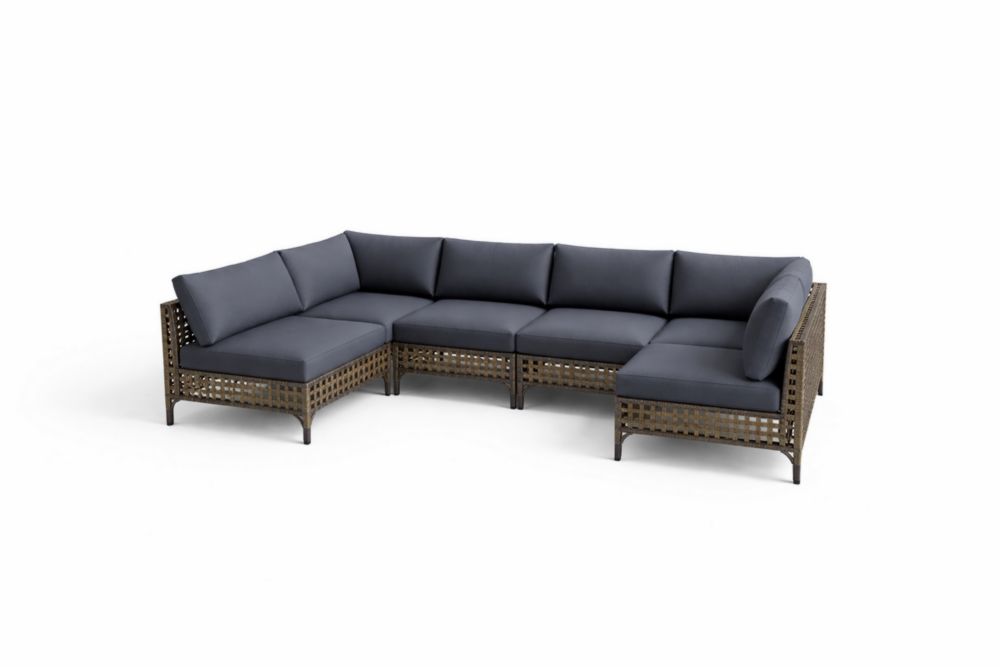 Canapé d'angle extérieur en résine tressée avec coussins en tissu gris