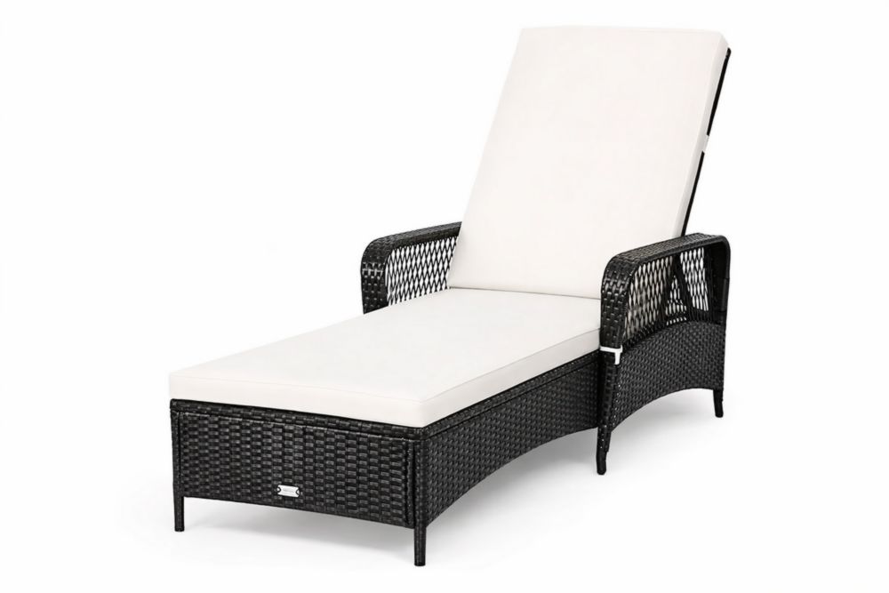Chaise Longue Réglable en Résine Tressée avec Coussins Amovibles Noir/Blanc